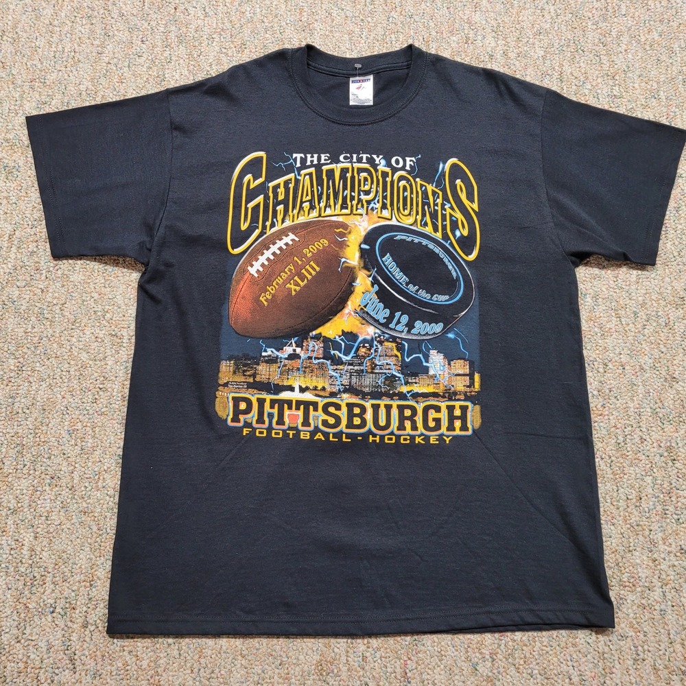 Pittsburgh City of Champions Shirt Mens XL Black Steelers Penguins 2009